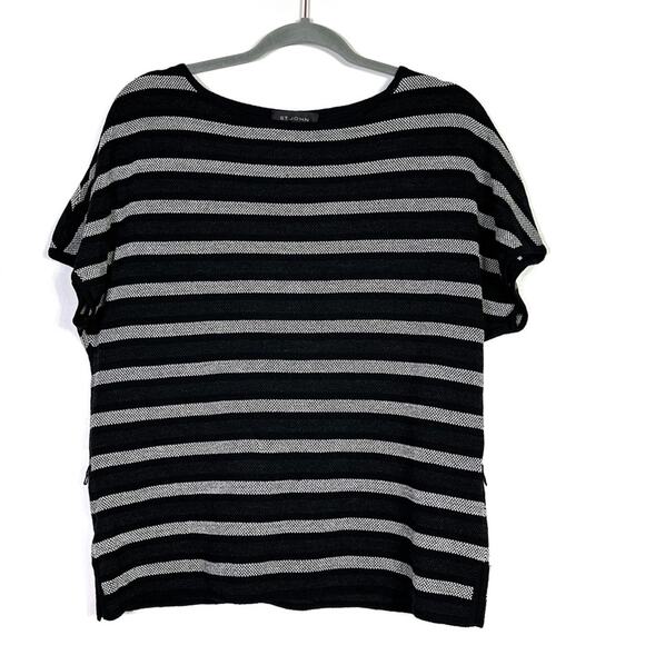 St. John Black Cream Striped Short Sleeve Wool Blend Sweater M EUC - Picture 1 of 9